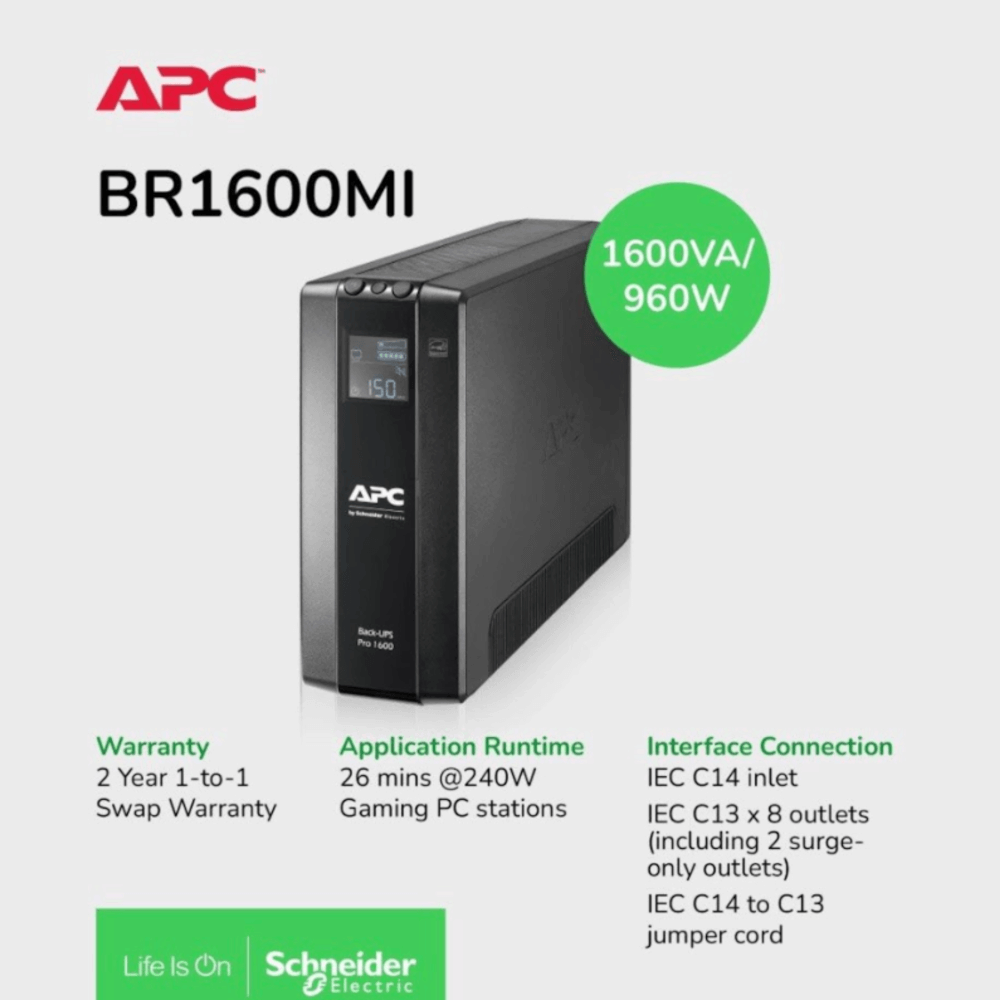 เครื่องสำรองไฟฟ้า APC 1600VA 960 วัตต์ รุ่น BR1600MI-3Y EASY UPS 8 ช่อง ป้องกัน ไฟตก ไฟเกิน